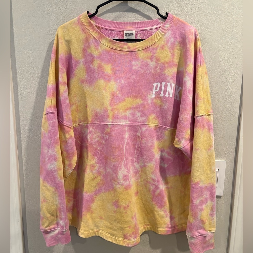 Victorias Secret Pink Graphic Oversized Tie Dye Varsity Crew Sweatshirt Size L